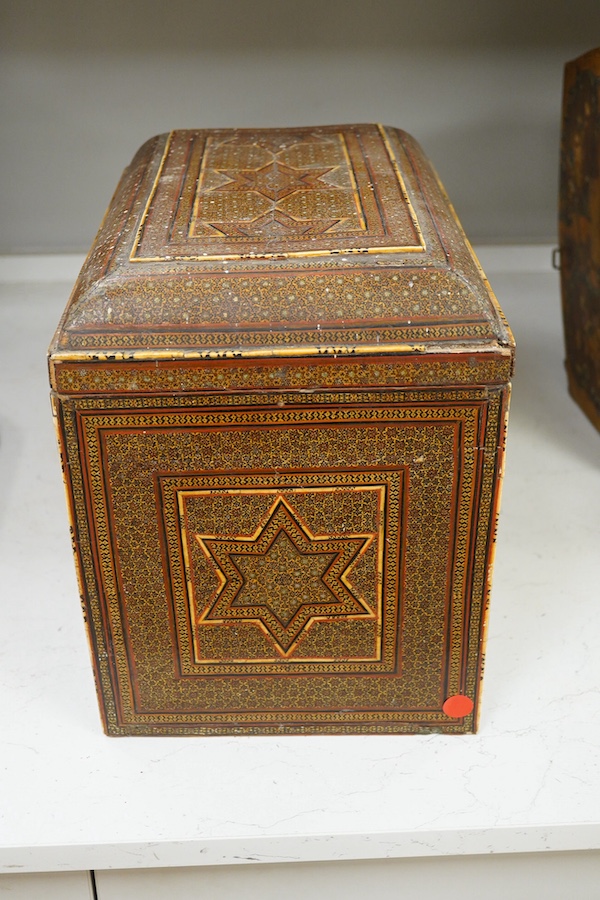 A 19th century Shiraz Eastern inlaid table cabinet, 36cm wide, 32cm high. Condition - damage to front corner edge of stringing, one side has small crack and top stringing one side missing.